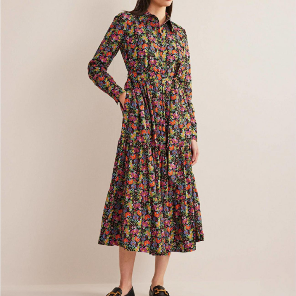 Boden Tiered Cotton Midi Shirt Dress Black Colorful Floral 14